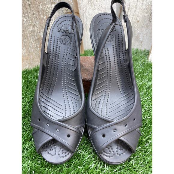 CROCS Farrah Black Slingback Wedge Platform Peeptoe Sandals Heels Women's 10 - Picture 3 of 7